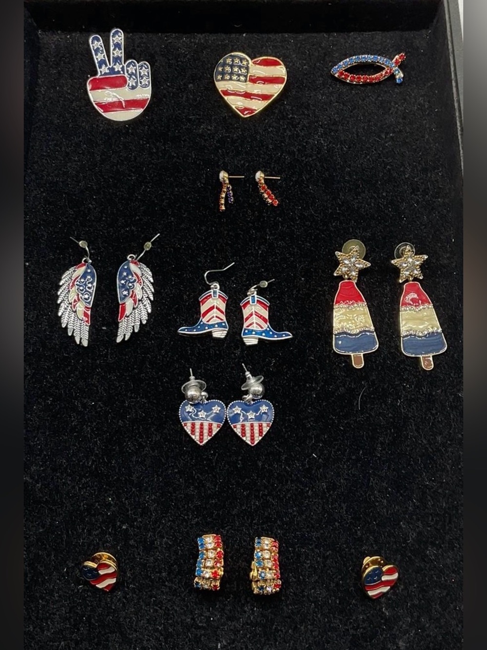 Patriotic Red, White & Blue Earrings, Pins, Brooches Lot Women Jewelry
